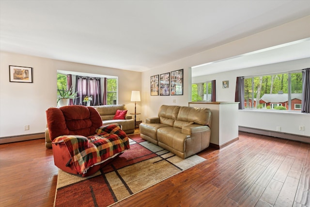6544 Woodland Rd, Whitmore Lake, MI 48189 - living area with wood finished floors, a baseboard radiator, and plenty of natural light