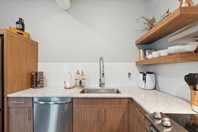 804 N Main St Unit 2C, Rochester, MI 48307 - kitchen featuring stainless steel dishwasher, a sink, open shelves, tasteful backsplash, and electric stove