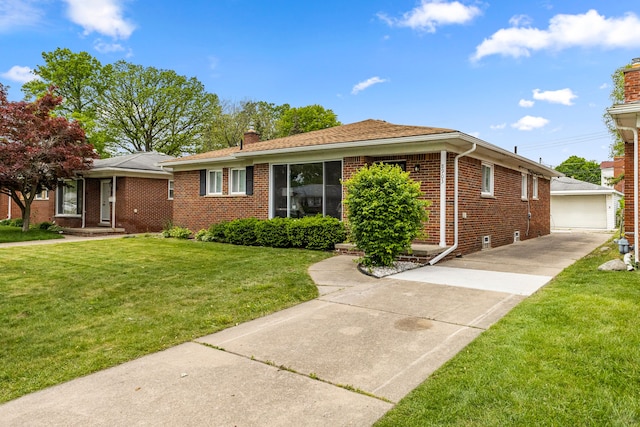 8903 Appleton, Redford, MI 48239 - ranch-style house featuring brick siding, an outdoor structure, a front yard, a chimney, and a garage