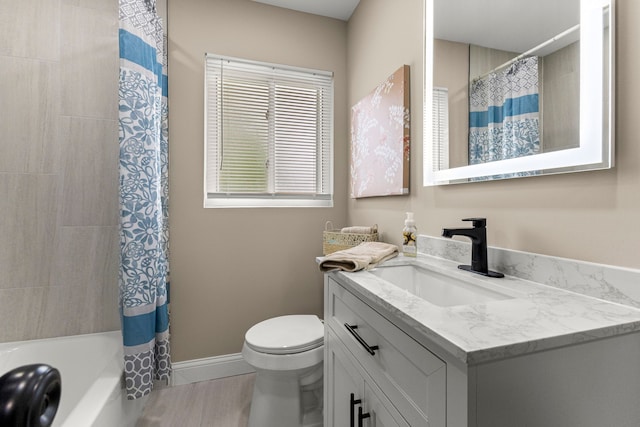 8903 Appleton, Redford, MI 48239 - bathroom with toilet, vanity, baseboards, and shower / bathtub combination with curtain