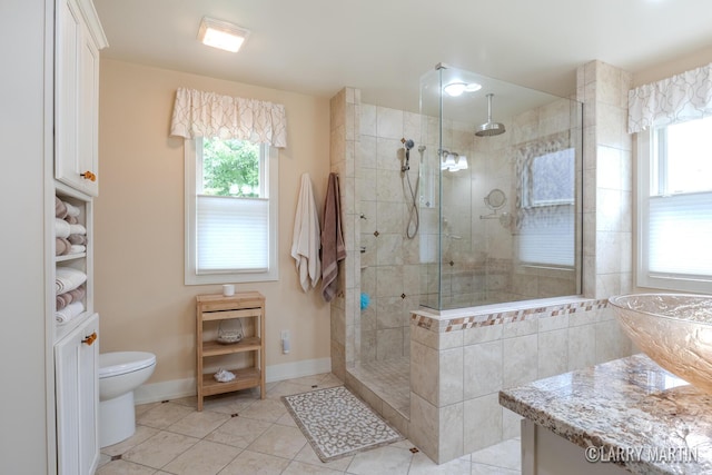 7708 Stations Dr SW, Byron Center, MI 49315 - bathroom with a walk in shower, tile patterned floors, toilet, and baseboards