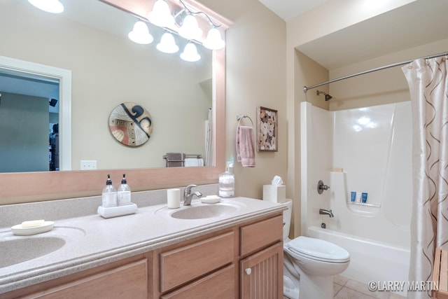 7708 Stations Dr SW, Byron Center, MI 49315 - bathroom with double vanity, shower / tub combo, toilet, and tile patterned floors