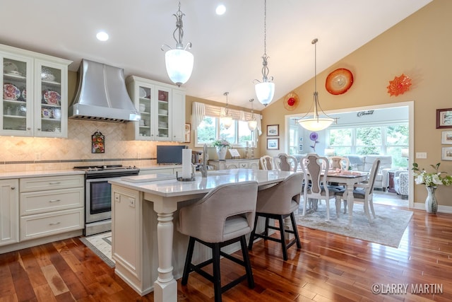 7708 Stations Dr SW, Byron Center, MI 49315 - kitchen featuring premium range hood, stainless steel range with electric stovetop, dark wood-style flooring, backsplash, and a center island