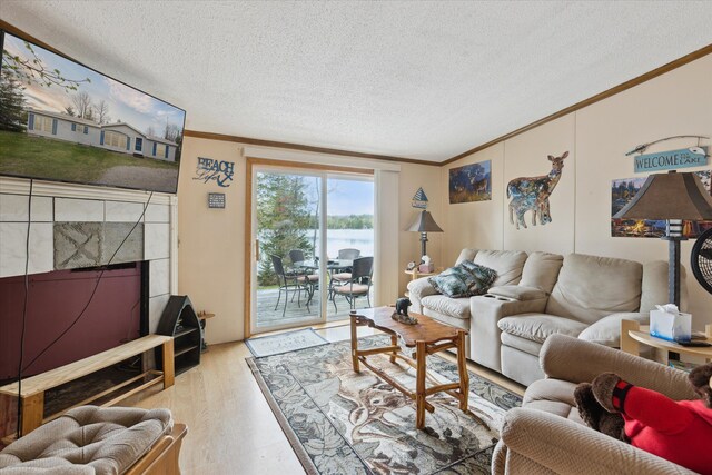 9168 Clewley Rd, Lachine, MI 49753 - living room featuring ornamental molding, wood finished floors, a textured ceiling, a tiled fireplace, and a water view