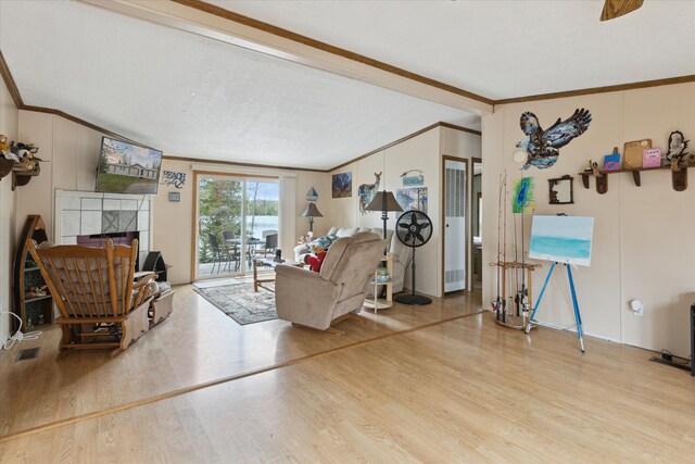 9168 Clewley Rd, Lachine, MI 49753 - living area with ornamental molding, wood finished floors, a fireplace, and lofted ceiling