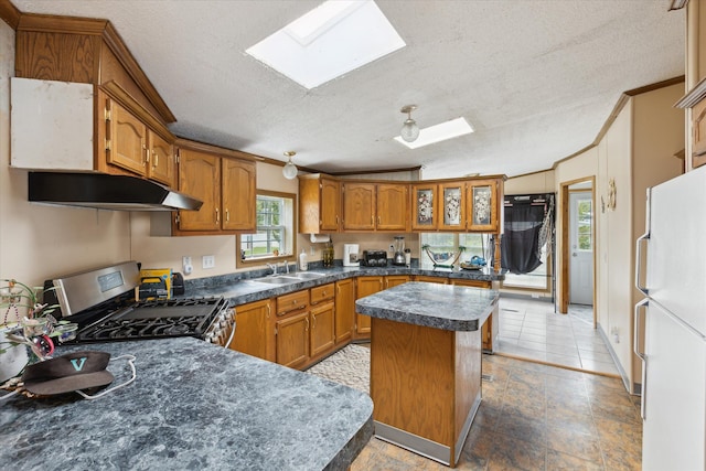 9168 Clewley Rd, Lachine, MI 49753 - kitchen with stainless steel range with gas cooktop, freestanding refrigerator, under cabinet range hood, a skylight, and a textured ceiling