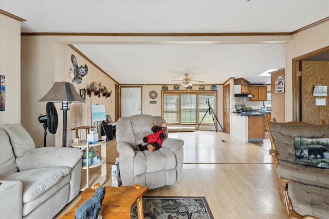 9168 Clewley Rd, Lachine, MI 49753 - living area featuring crown molding, light wood-style flooring, and a ceiling fan