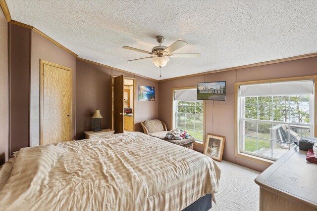9168 Clewley Rd, Lachine, MI 49753 - bedroom with crown molding, a textured ceiling, carpet floors, and ceiling fan
