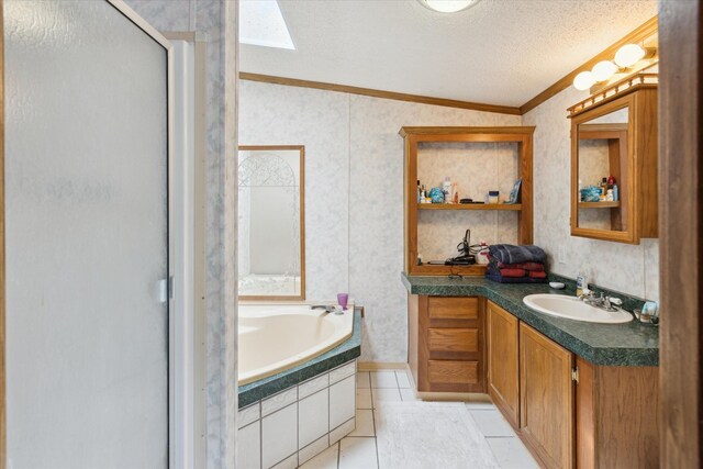 9168 Clewley Rd, Lachine, MI 49753 - full bath featuring ornamental molding, tile patterned floors, a garden tub, wallpapered walls, and a stall shower