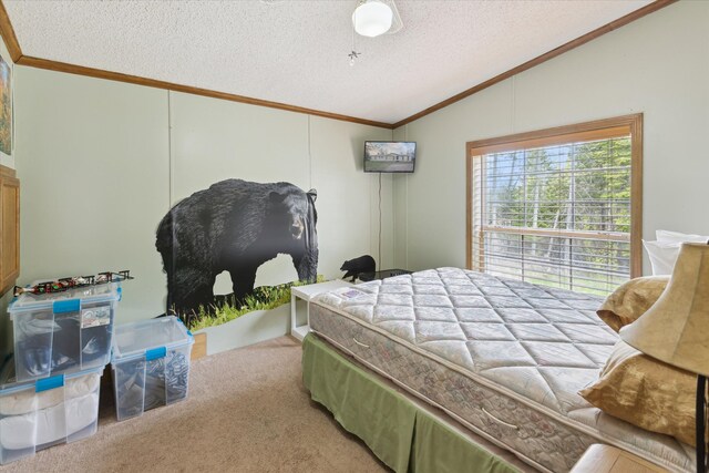9168 Clewley Rd, Lachine, MI 49753 - carpeted bedroom with vaulted ceiling, a textured ceiling, and crown molding