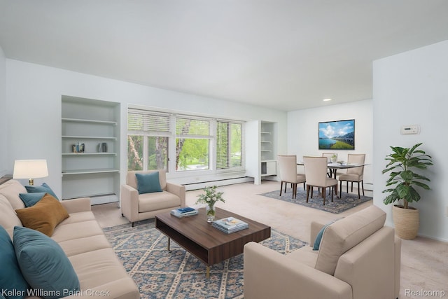 340 Concord, Bloomfield Hills, MI 48304 - living room with built in shelves, a baseboard heating unit, and carpet flooring