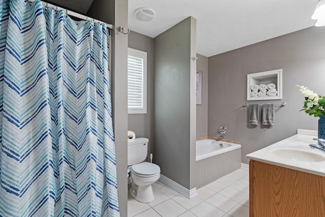 24346 Vargas Dr, Mattawan, MI 49071 - full bathroom featuring toilet, tile patterned flooring, a bath, baseboards, and a shower with curtain