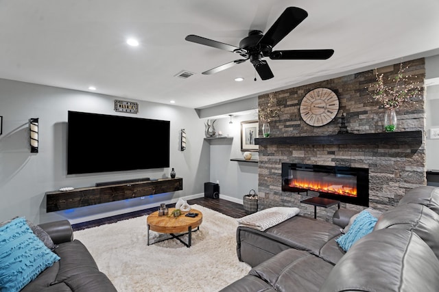 24346 Vargas Dr, Mattawan, MI 49071 - living area featuring a fireplace, wood finished floors, recessed lighting, ceiling fan, and baseboards