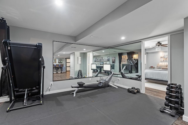 24346 Vargas Dr, Mattawan, MI 49071 - gym with baseboards, recessed lighting, and a ceiling fan