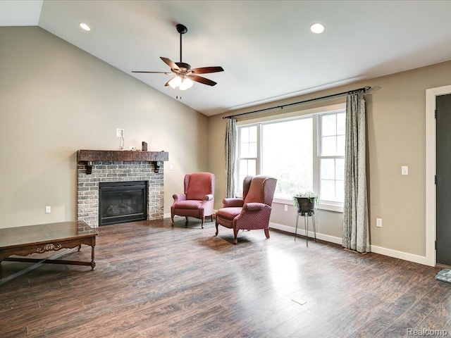 5076 Birch Ave, Lexington, MI 48450 - sitting room with lofted ceiling, ceiling fan, a fireplace, wood finished floors, and recessed lighting