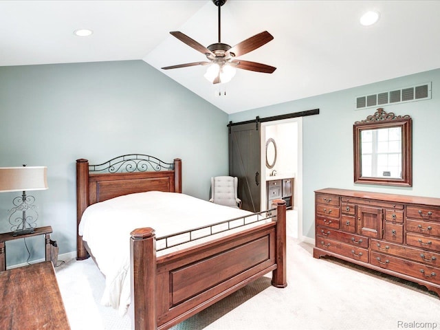 5076 Birch Ave, Lexington, MI 48450 - bedroom featuring vaulted ceiling, light colored carpet, recessed lighting, ceiling fan, and a barn door
