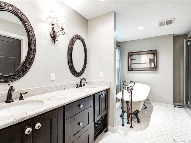 5076 Birch Ave, Lexington, MI 48450 - bathroom featuring a soaking tub, baseboards, double vanity, and a shower with curtain