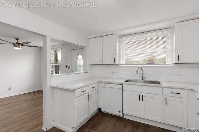 464 W Jarvis Ave, Hazel Park, MI 48030 - kitchen featuring dishwasher, a sink, dark wood-style flooring, ceiling fan, and white cabinetry