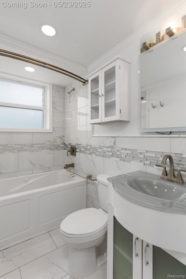464 W Jarvis Ave, Hazel Park, MI 48030 - full bath featuring tile walls, toilet, marble look tile flooring, shower / bathtub combination, and vanity