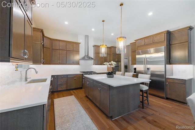 21377 Stone Meadow Dr, Northville, MI 48167 - kitchen featuring appliances with stainless steel finishes, wall chimney range hood, a kitchen island, a sink, and dark wood finished floors