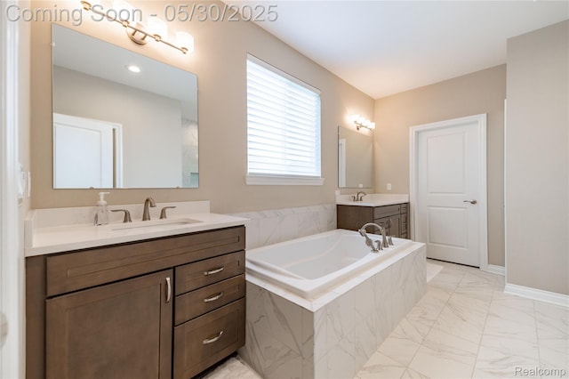 21377 Stone Meadow Dr, Northville, MI 48167 - bathroom with marble look tile flooring, a garden tub, and two vanities