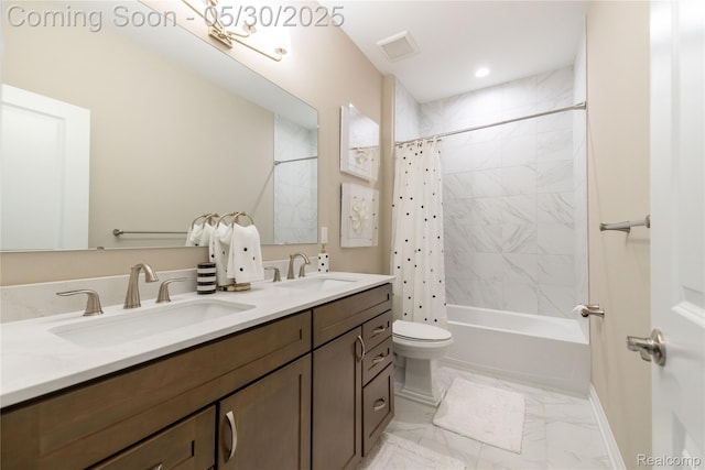 21377 Stone Meadow Dr, Northville, MI 48167 - full bathroom with marble look tiles, double vanity, toilet, shower / bath combo with shower curtain, and baseboards