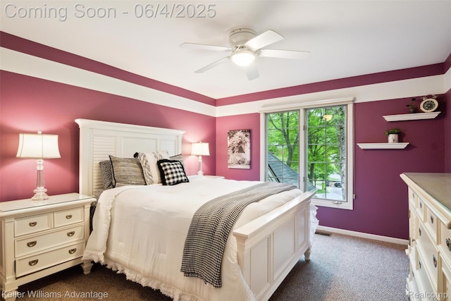 7092 S Oak Ct E, West Bloomfield, MI 48323 - bedroom with dark colored carpet, baseboards, and a ceiling fan