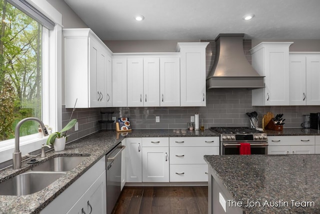 9012 N Wolven Ridge Ct, Rockford, MI 49341 - kitchen featuring appliances with stainless steel finishes, premium range hood, a sink, dark wood-style flooring, and white cabinetry