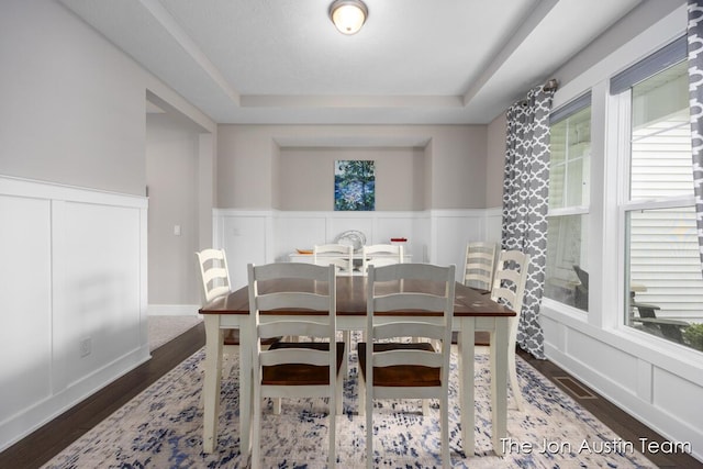 9012 N Wolven Ridge Ct, Rockford, MI 49341 - dining room with a tray ceiling, a decorative wall, a wainscoted wall, and wood finished floors