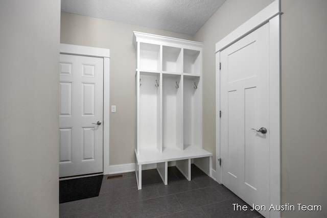 9012 N Wolven Ridge Ct, Rockford, MI 49341 - mudroom featuring dark tile patterned flooring, a textured ceiling, and baseboards