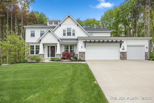 9012 N Wolven Ridge Ct, Rockford, MI 49341 - craftsman-style home with stone siding, concrete driveway, a garage, a front lawn, and board and batten siding