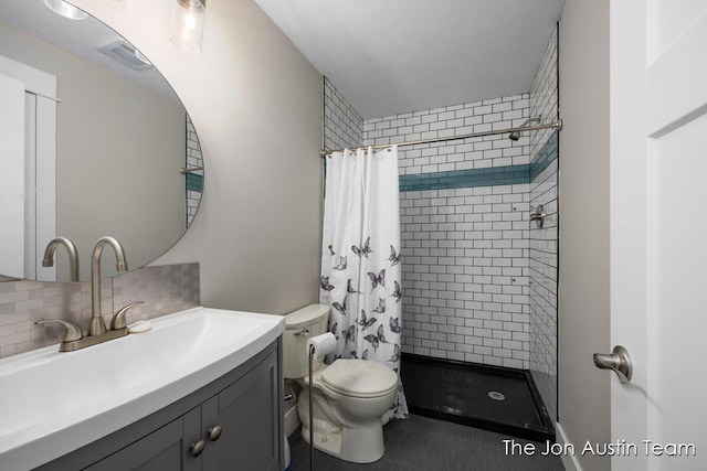 9012 N Wolven Ridge Ct, Rockford, MI 49341 - bathroom with toilet, a stall shower, decorative backsplash, and vanity