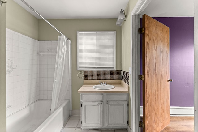 80 E Mahan Ave, Hazel Park, MI 48030 - full bathroom with shower / tub combo, a baseboard radiator, vanity, tile patterned flooring, and tasteful backsplash