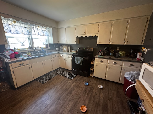 563 Walnut St, Mount Morris, MI 48458 - kitchen with black / electric stove, a sink, and dark wood finished floors