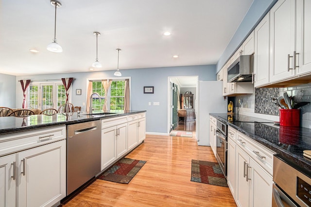 925 Plym Rd, Niles, MI 49120 - kitchen with appliances with stainless steel finishes, a sink, light wood-style floors, tasteful backsplash, and pendant lighting