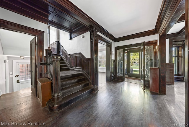 94 E Boston Blvd, Detroit, MI 48202 - foyer entrance featuring ornamental molding, wood finished floors, stairs, plenty of natural light, and a decorative wall