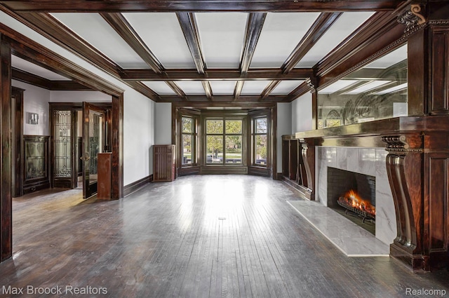 94 E Boston Blvd, Detroit, MI 48202 - unfurnished living room with a fireplace, coffered ceiling, dark wood-style floors, crown molding, and beam ceiling