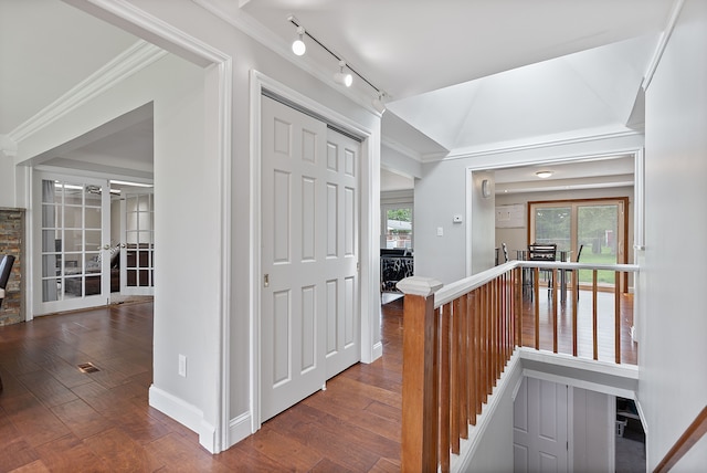 1533 Walton Blvd, Rochester Hills, MI 48309 - corridor featuring an upstairs landing, rail lighting, hardwood / wood-style flooring, french doors, and baseboards