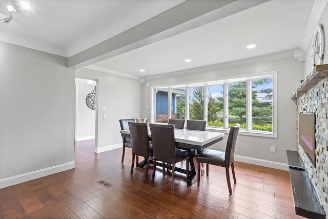 1533 Walton Blvd, Rochester Hills, MI 48309 - dining space with a fireplace, baseboards, ornamental molding, wood finished floors, and recessed lighting
