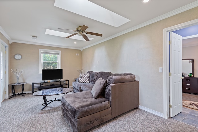 1533 Walton Blvd, Rochester Hills, MI 48309 - living area featuring a skylight, crown molding, a ceiling fan, baseboards, and recessed lighting