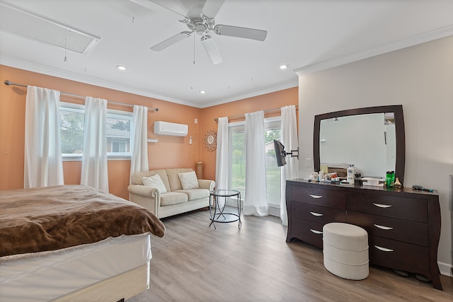 1533 Walton Blvd, Rochester Hills, MI 48309 - bedroom with attic access, a wall unit AC, crown molding, multiple windows, and wood finished floors