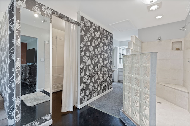 1533 Walton Blvd, Rochester Hills, MI 48309 - full bath with walk in shower, a spacious closet, wallpapered walls, wood finished floors, and baseboards