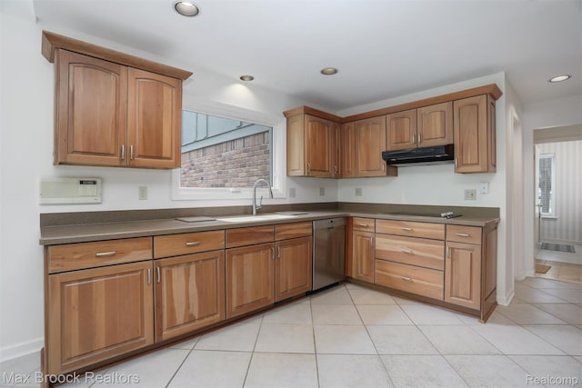 5844 Independence Ln, West Bloomfield, MI 48322 - kitchen featuring stainless steel dishwasher, a sink, under cabinet range hood, dark countertops, and black electric stovetop