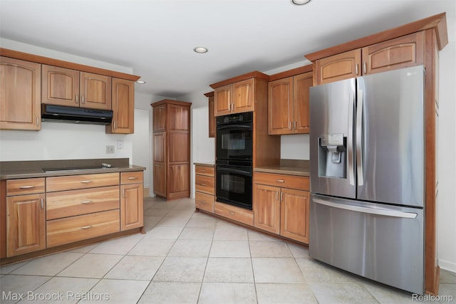 5844 Independence Ln, West Bloomfield, MI 48322 - kitchen with black appliances, under cabinet range hood, light tile patterned flooring, dark countertops, and recessed lighting