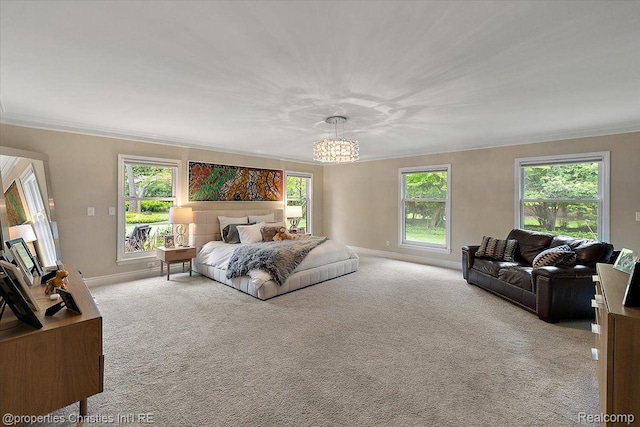 4889 Ardmore Dr, Bloomfield Hills, MI 48302 - carpeted bedroom featuring crown molding, a chandelier, multiple windows, and baseboards