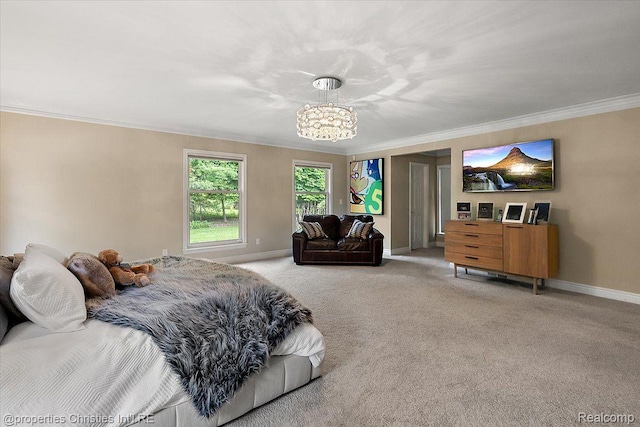 4889 Ardmore Dr, Bloomfield Hills, MI 48302 - carpeted bedroom featuring ornamental molding, a chandelier, and baseboards