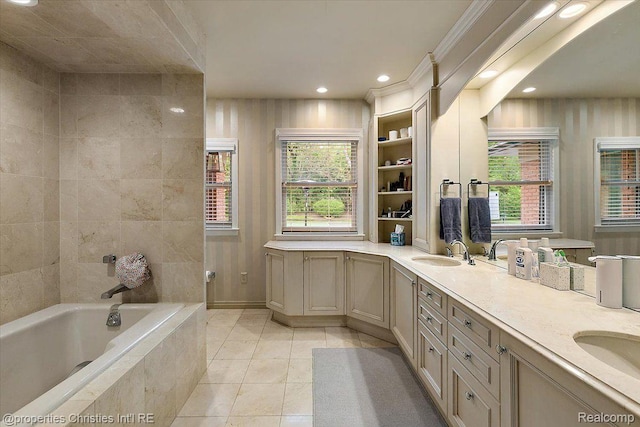4889 Ardmore Dr, Bloomfield Hills, MI 48302 - bathroom with a relaxing tiled tub, tile patterned floors, double vanity, and recessed lighting