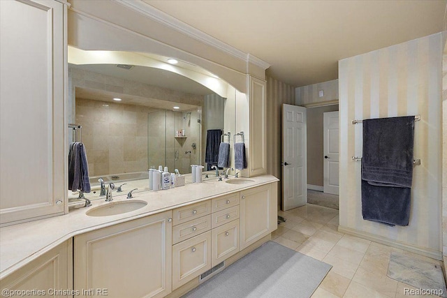 4889 Ardmore Dr, Bloomfield Hills, MI 48302 - full bathroom featuring a tile shower, double vanity, tile patterned floors, a bathtub, and crown molding