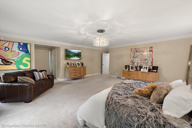 4889 Ardmore Dr, Bloomfield Hills, MI 48302 - bedroom featuring light colored carpet, ornamental molding, a chandelier, and baseboards