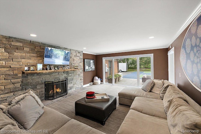 4889 Ardmore Dr, Bloomfield Hills, MI 48302 - living area with ornamental molding, a stone fireplace, baseboards, and recessed lighting